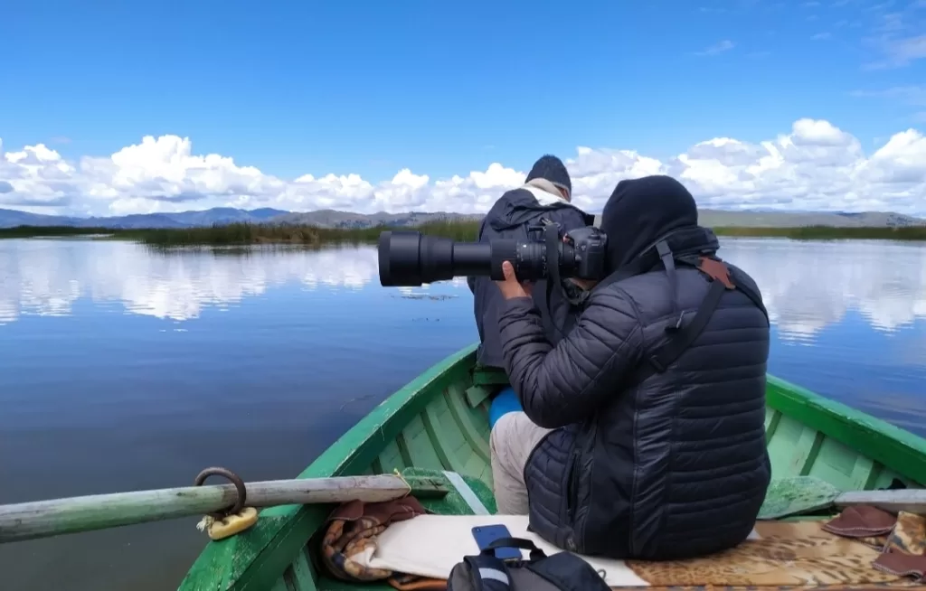 Taking pictures of the Lake Titicaca birds