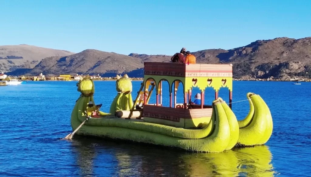 Riding a reed boat at Uros Islands