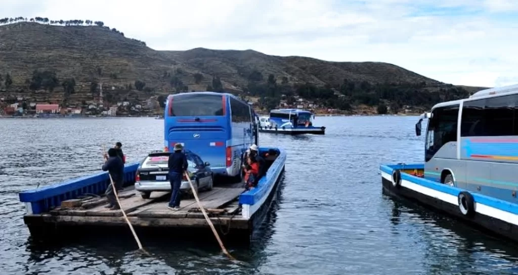 Crossing by ferry at the Strait of Tiquina