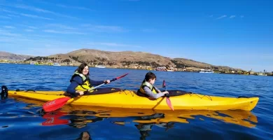 Mom and son having unique adventure in the highest lake